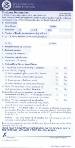 Custom Declartion à remplir à k'arrivée lors d'un voyage aux USA en famille