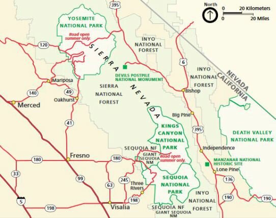 carte region sequoia park en Californie aux Etats-Unis à découvrir lors d'un voyage aux usa en famille